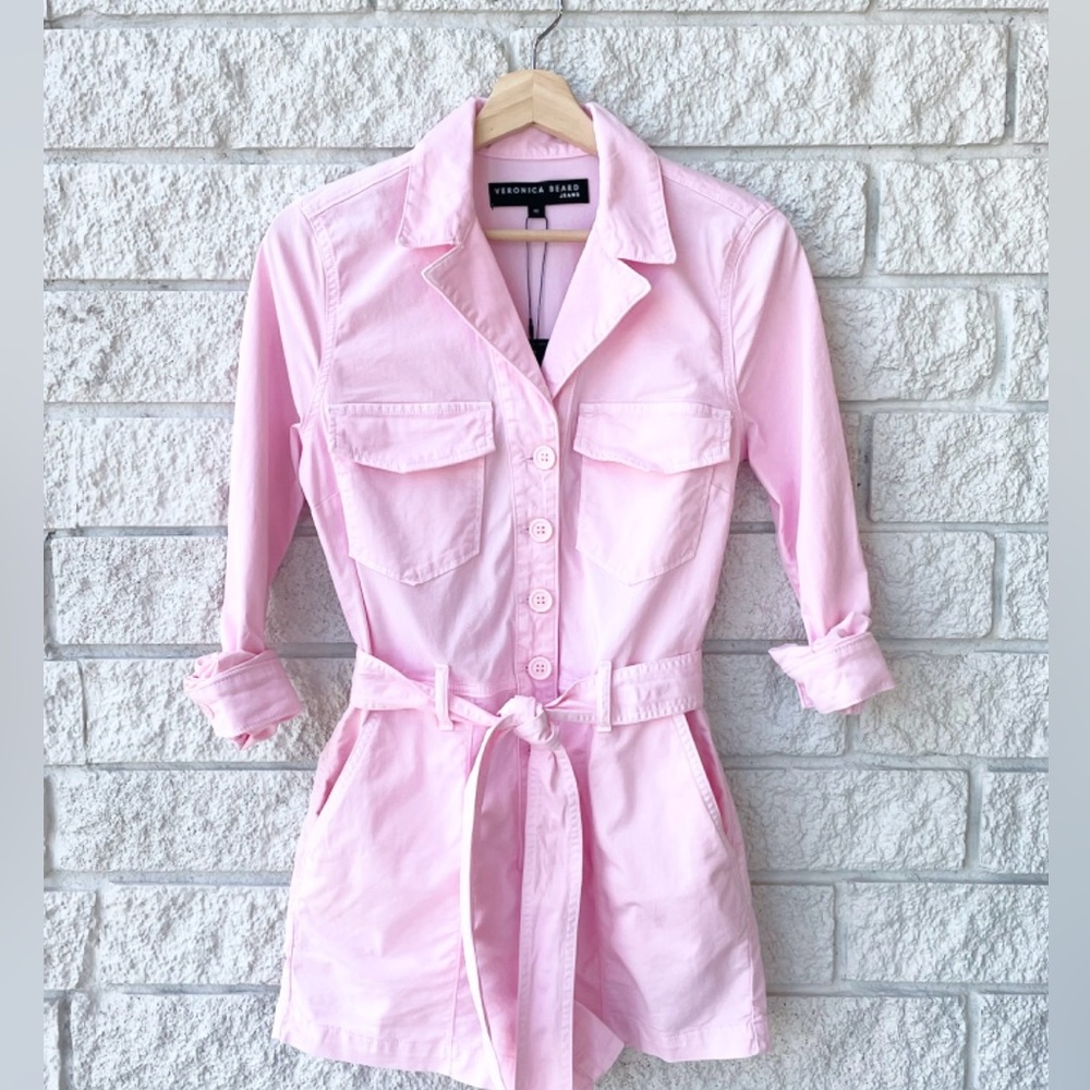 Veronica Beard pink button up shorts jumpsuit romper long sleeves